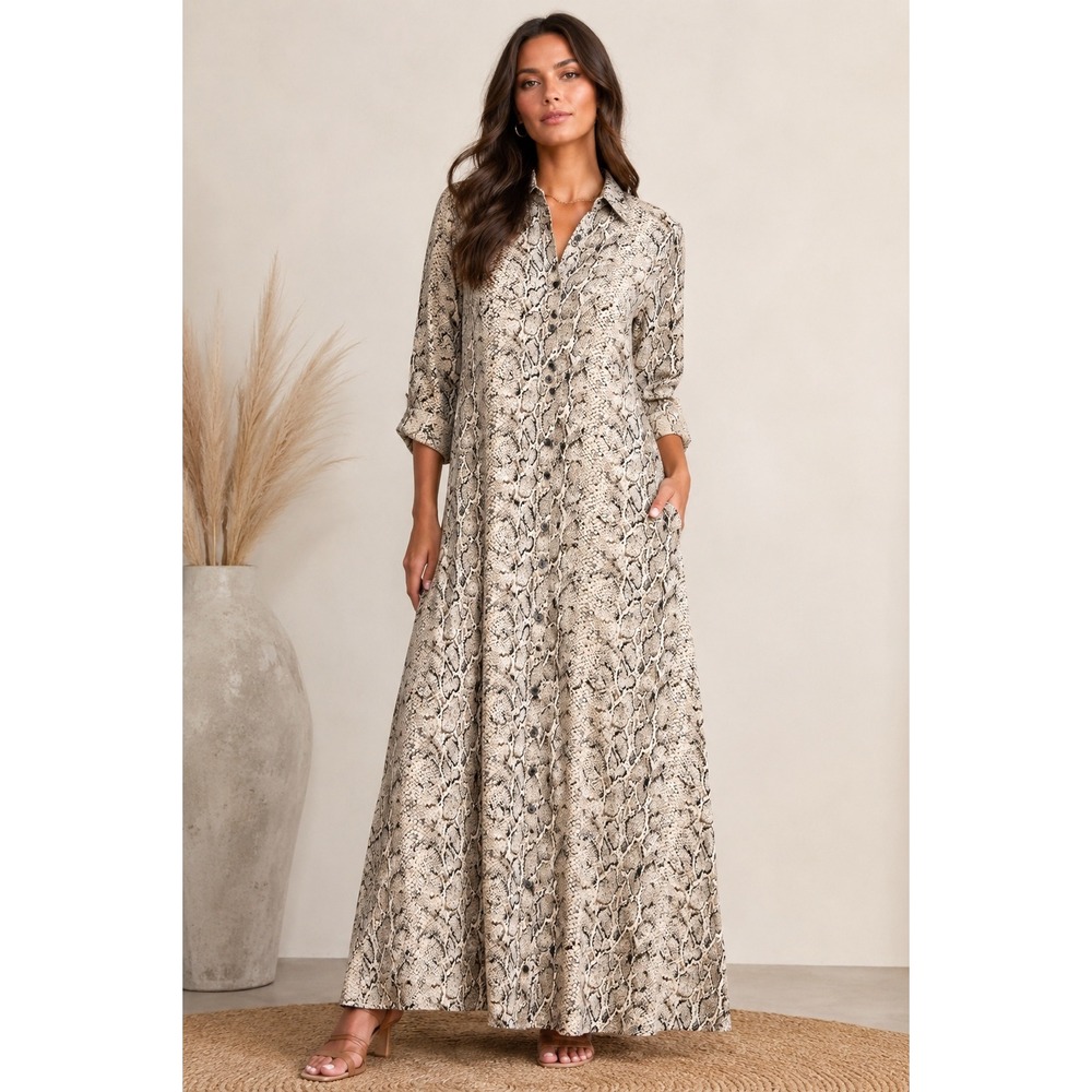 Bardot Snake Print Maxi Shirt Dress Womens Size 10 Gray Boho Edgy Baddie Chic